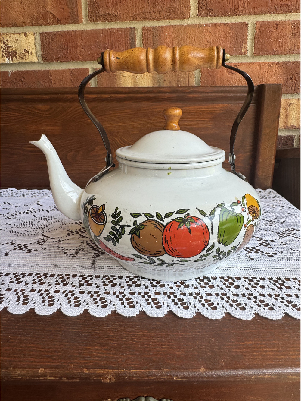 Vintage Enamel Teapot with Wooden Handle and Veggie and Mushroom Design